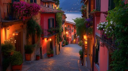 Fototapeta premium Cobblestone street&nbsp;in Italian village lined with colorful buildings. Balconies overflow&nbsp;with flowers, golden evening light highlights&nbsp;historic architecture and stone textures.