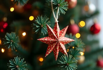 A golden star-shaped ornament hanging on a Christmas tree with green needles, surrounded by blurred multicolored lights in the background, capturing the warmth of the holiday season.