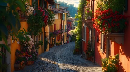 Fototapeta premium Cobblestone street&nbsp;in Italian village lined with colorful buildings. Balconies overflow&nbsp;with flowers, golden evening light highlights&nbsp;historic architecture and stone textures.