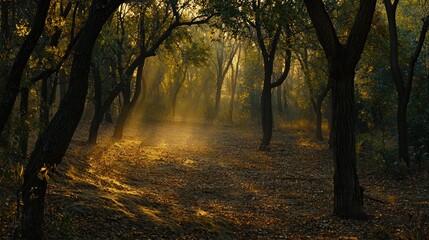 Fototapeta premium A dense forest at twilight, with golden sunlight filtering through the canopy, casting long shadows on the forest floor. Fallen leaves crunch underfoot, and a mist lingers between the trees, 