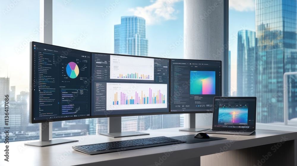 Poster modern office workspace with multiple screens for data analysis