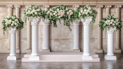 Naklejka premium Elegant Floral Wedding Arch with Classic Columns and Greenery