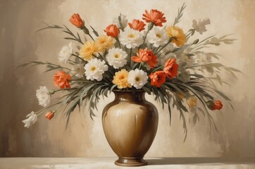 Vintage botanical vase of flower bouquet oil painting, nature theme concept texture design illustration. 