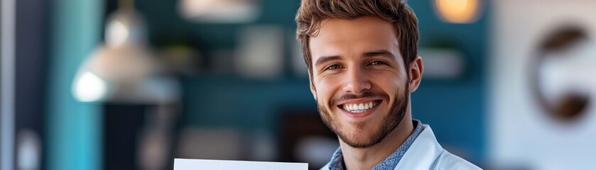 Obraz premium A Smiling intern is receiving a certificate, marking the successful completion of training This achievement celebration, set against a modern backdrop, showcases the intern's professional growth The