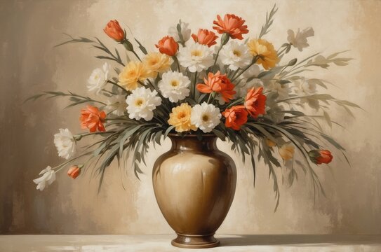 Vintage botanical vase of flower bouquet oil painting, nature theme concept texture design illustration.
