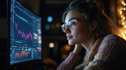 A young intern closely examines stock data trends on a computer screen, focusing on intricate financial charts with dedication and enthusiasm This business training session guides career goals, while