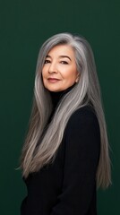 Fototapeta premium Smiling senior woman with gray hair in a black sweater against a dark green backdrop captures timeless beauty in portraiture