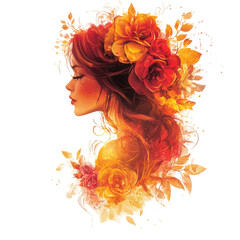 Beautiful woman face with colorful flowers and butterfly vector illustration for Women's Day poster design concept on transparent background