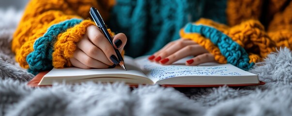 Capture mental clarity through mindful introspective journaling during study breaks, enhancing exam preparation A cozy scene of hands writing in a notebook, using a pen for reflection and focus