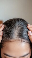 Fototapeta premium Gray hair displayed by young Asian woman emphasizing texture and style for digital design inspiration