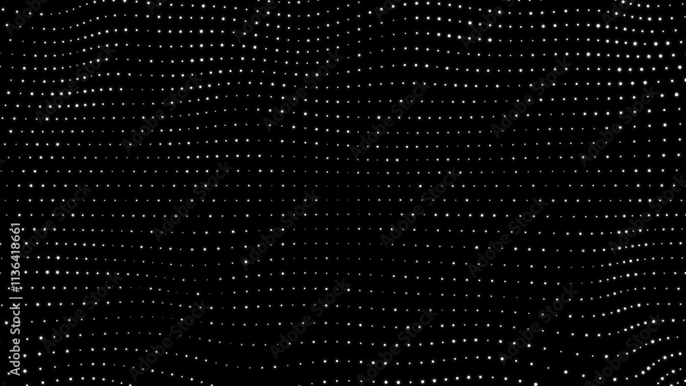 Poster white glowing circles particles wave on a dark abstract background, horizontal composition. trapcode