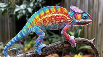 Obraz premium Vibrant chameleon walking on branch, against wooden fence background.