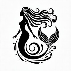 Fototapeta premium Graceful Mermaid Silhouette with Flowing Hair and Tail in Elegant Black and White Design 
