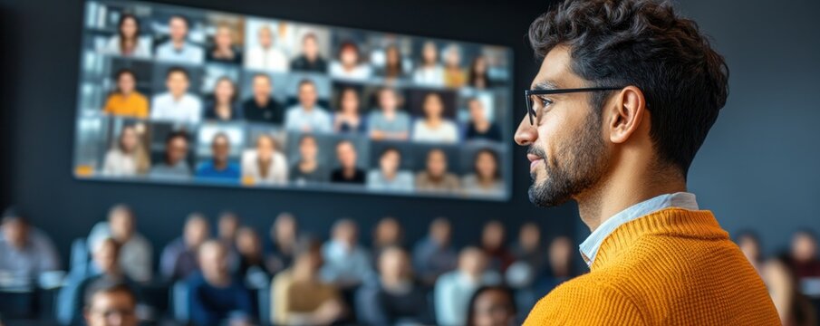 Educator leading engaging virtual class via online tools showcasing remote teaching excellence Online courses demonstrate effective learning Professional teacher provides interactive presentation