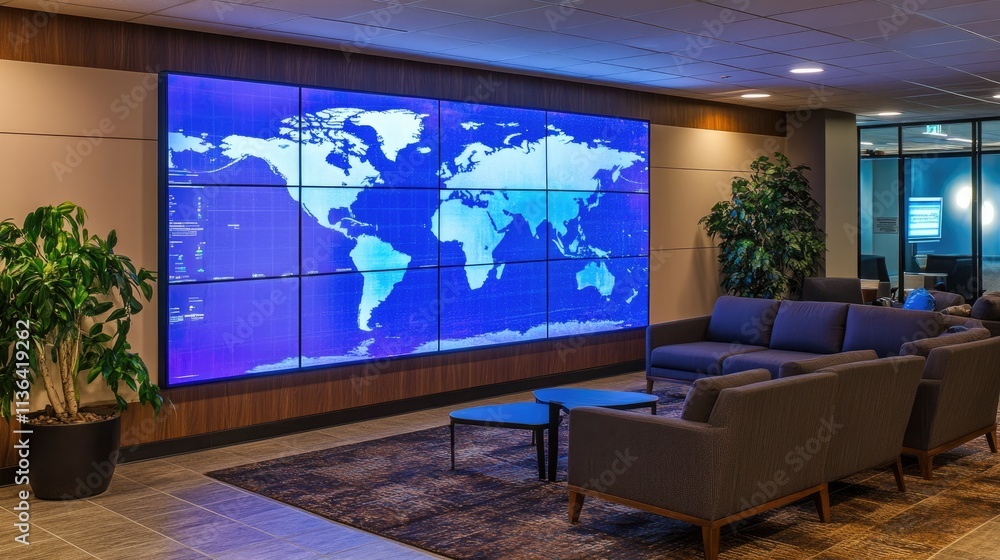 Aufkleber modern office space with large world map display and seating area