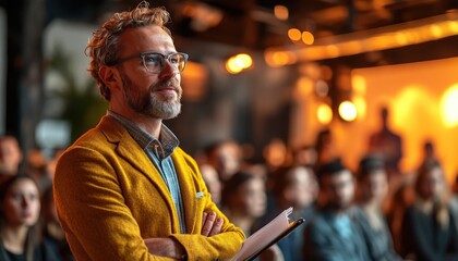 Engaging training session with mentor leading a vibrant workshop where interns diligently take notes Witness the energy of skills learning as a group benefits from expert guidance The setting is