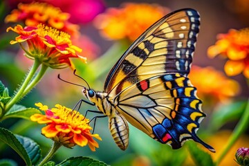 Fototapeta premium Aerial View Bright Yellow Swallowtail Butterfly Nectar Flower Photography - High Resolution Image