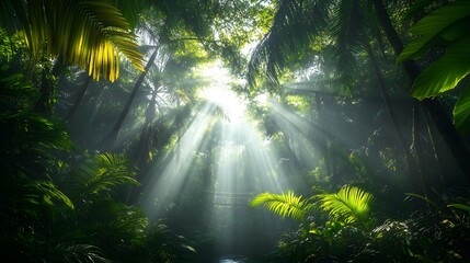 Obraz premium Dense&nbsp;tropical jungle with suspension&nbsp;bridge over rushing&nbsp;river. Sunbeams filter through canopy, highlighting diverse plant life and creating&nbsp;ethereal forest&nbsp;atmosphere.