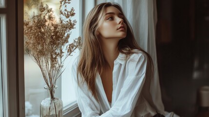 Fototapeta premium Young caucasian female in white shirt sitting by window with dried flowers