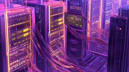 A futuristic AI cloud computing center with glowing servers processing vast amounts of data. The intricate cables and holographic controls reflect the power and scalability of AI technology 