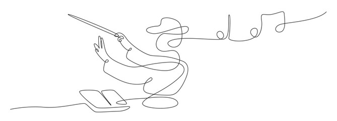 Conductor conducting an orchestra line vector, Continuous single one line art drawing of music conductor directing concert