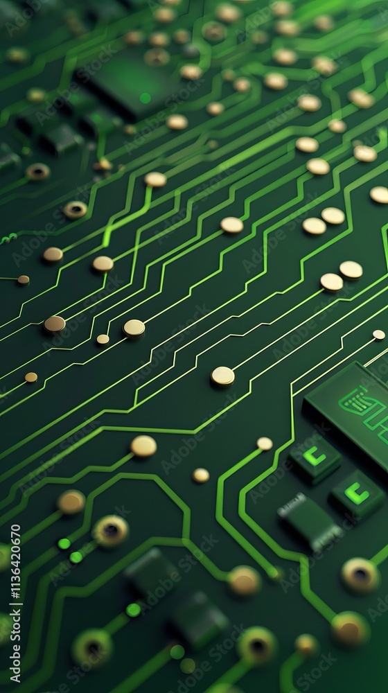 Poster close-up of a green circuit board with intricate patterns and golden connectors, creating a vibrant 