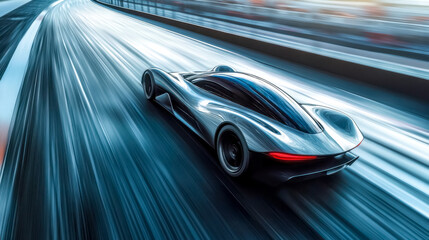 Fototapeta premium Silver racing car speeding on a track at dusk
