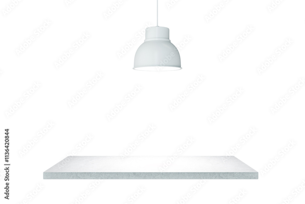 Poster minimalist hanging white lamp above a clean marble surface on a white background, showcasing a moder