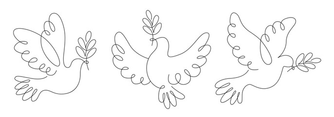Dove, pigeon symbol of love peace and freedom in simple line vector, flying dove with olive branch