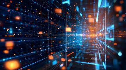 Fototapeta premium A futuristic digital landscape with glowing lines and particles representing data flow.