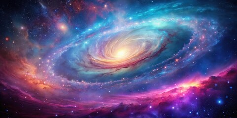 Fototapeta premium A Vibrant Cosmic Nebula with Swirling Colors and Glowing Stars Above a Purple and Pink Landscape