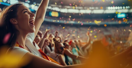 Overjoyed female fan at soccer stadium cheers and celebrates the victory of the team she supports amidst confetti