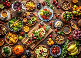 Fototapeta premium Aerial View of a Diverse Food Collection Spread on a Rustic Wooden Table Featuring Fresh Fruits, Gourmet Dishes, and Colorful Ingredients for Culinary Inspiration