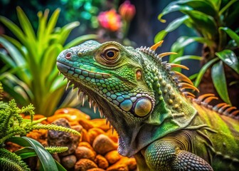 Fototapeta premium Aerial View of a Green Iguana in a Lush Terrarium at the Zoo Surrounded by Tropical Plants and Natural Habitat Elements for Wildlife Photography
