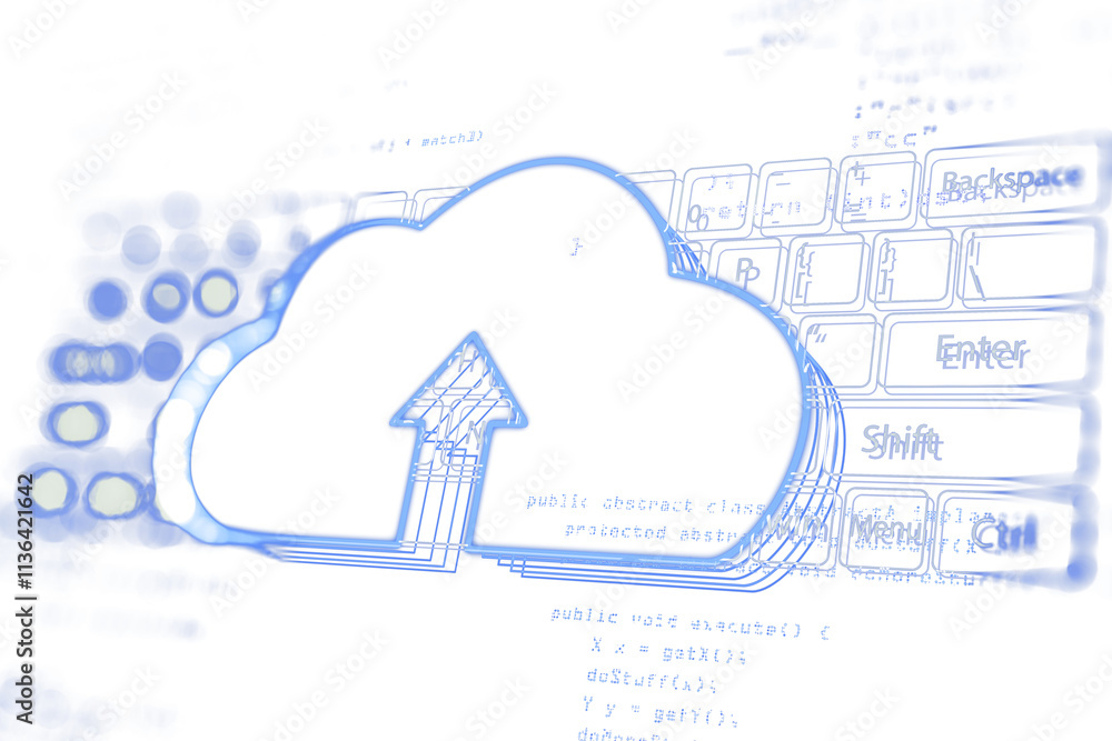 Poster Cloud upload icon in blue outline over keyboard and coding text, white background, tech and data sharing concept. 3D Rendering
