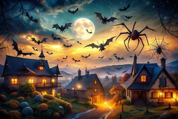 Aerial View of a Spooky Halloween Night with Bats, Spiders, and Intricate Spider Webs Set Against a Dark, Mysterious Sky
