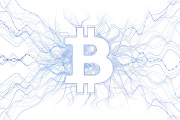Bitcoin symbol with dynamic blue flowing lines, isolated on white background, clean layout, concept of blockchain and cryptocurrency. 3D Rendering.
