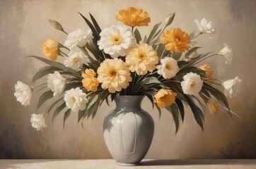 Vintage botanical vase of flower bouquet oil painting, nature theme concept texture design illustration.
