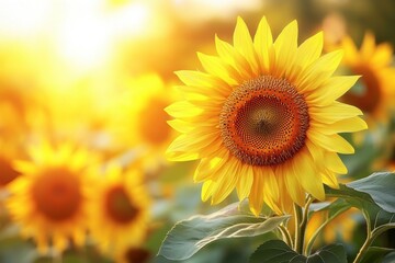 Obraz premium Sunflower field with sunset in the background