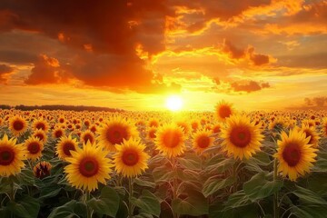 Fototapeta premium Sunflower field with sunset in the background