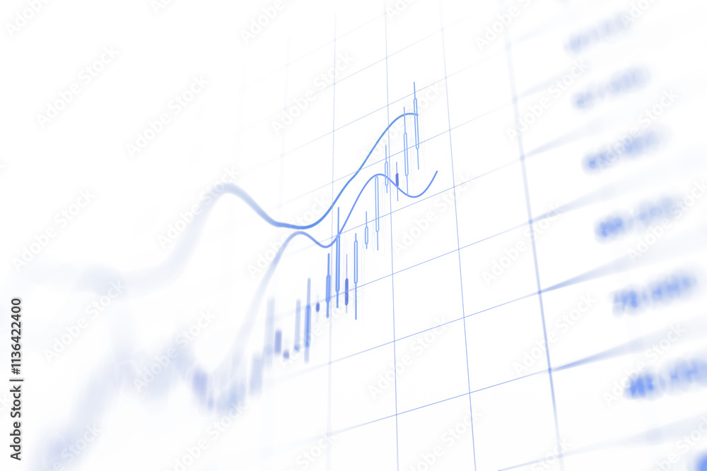 Poster abstract financial chart with blue lines and bars over a white grid, emphasizing analysis and trends