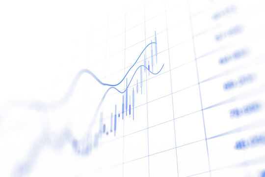 Abstract financial chart with blue lines and bars over a white grid, emphasizing analysis and trends, on a white background, concept of finance. 3D Rendering.