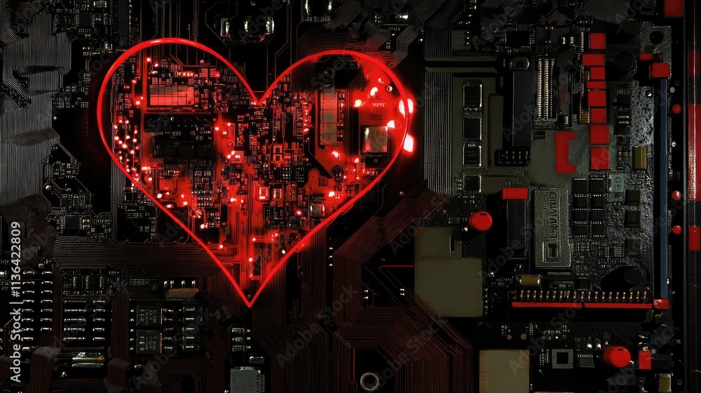 Aufkleber heart shape formed by red lights on a computer circuit board
