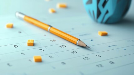 Pencil rests on calendar; small cubes scattered nearby.