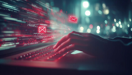 Fototapeta premium Laptop User Receiving Email Notification – Modern Work Environment with Themes of Communication and Technology
