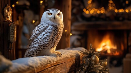 A snowy owl sits peacefully by a cozy fire, surrounded by warm lights and festive decorations in a charming setting.