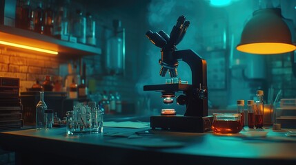 Laboratory Microscope on Table Surrounded by Glassware and Liquids