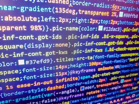 Work of software developer programmer on desktop screen closeup. Abstract background of digital binary code of software. Digital world. Monitor technology concept. Background image. Blue color.