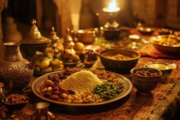 A beautifully arranged traditional feast with various dishes and a warm ambiance.