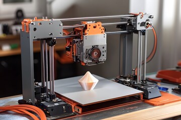 A 3D printer creating a conical object on a build plate in a workspace.